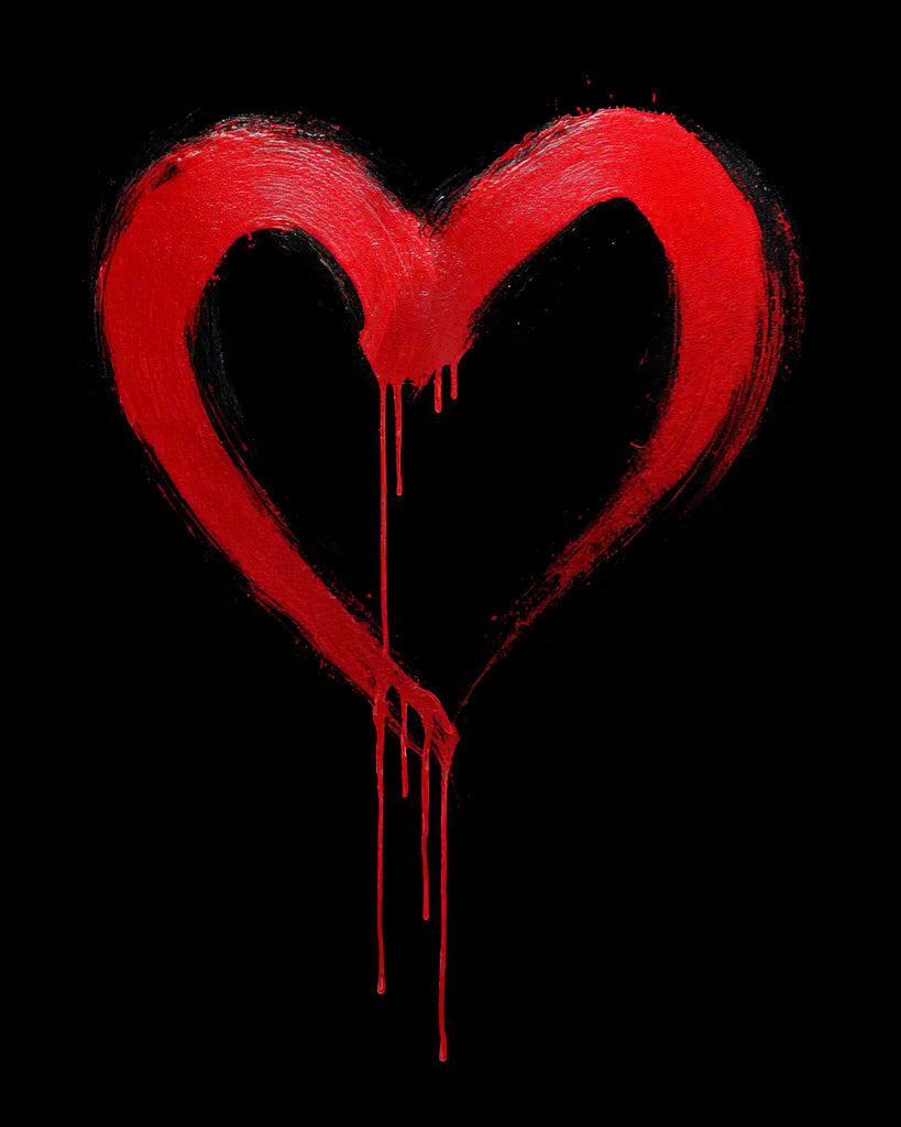 Red painted heart with dripping effect on black background, fine art print style.