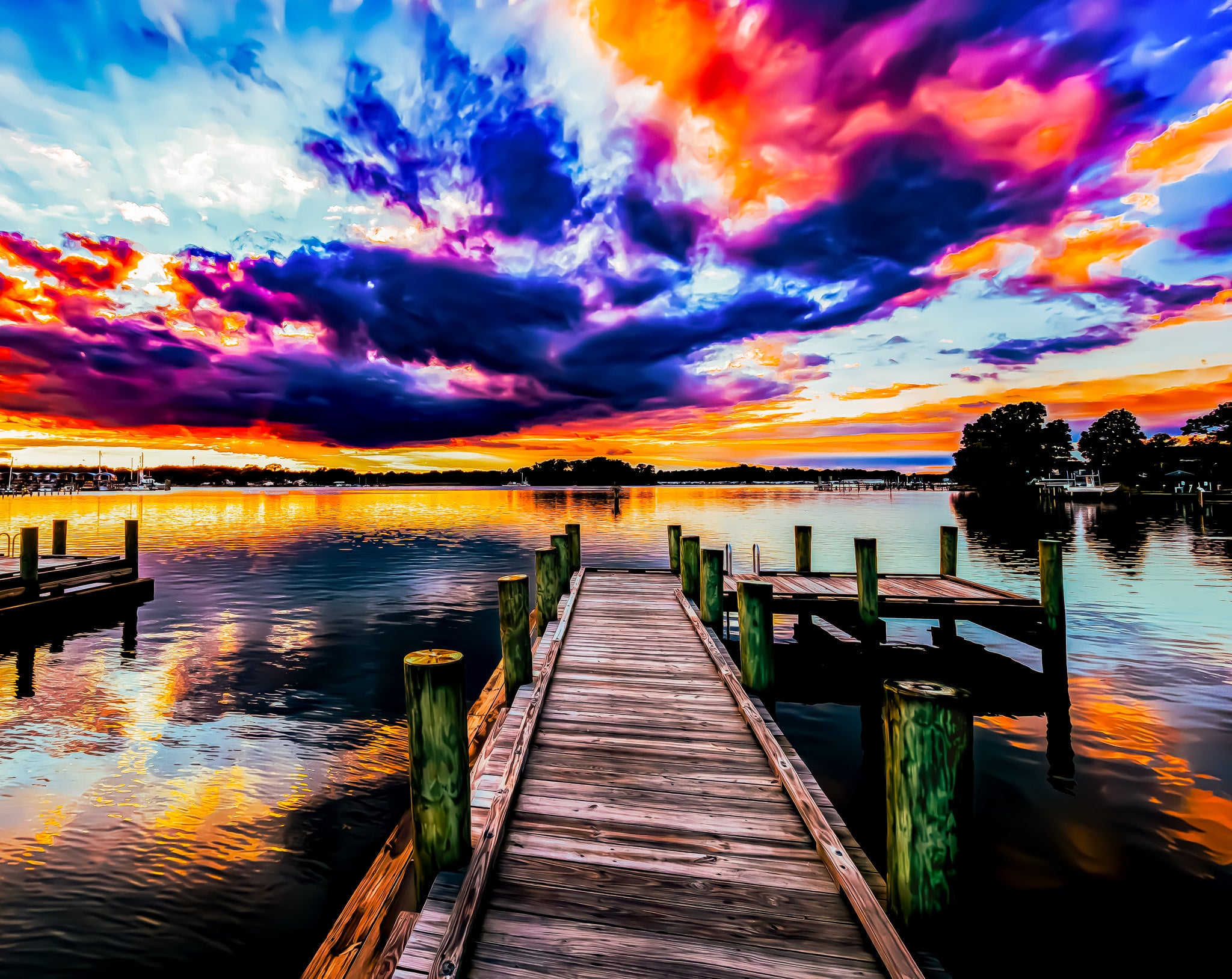 Colorful sunset over a lake with a wooden dock.