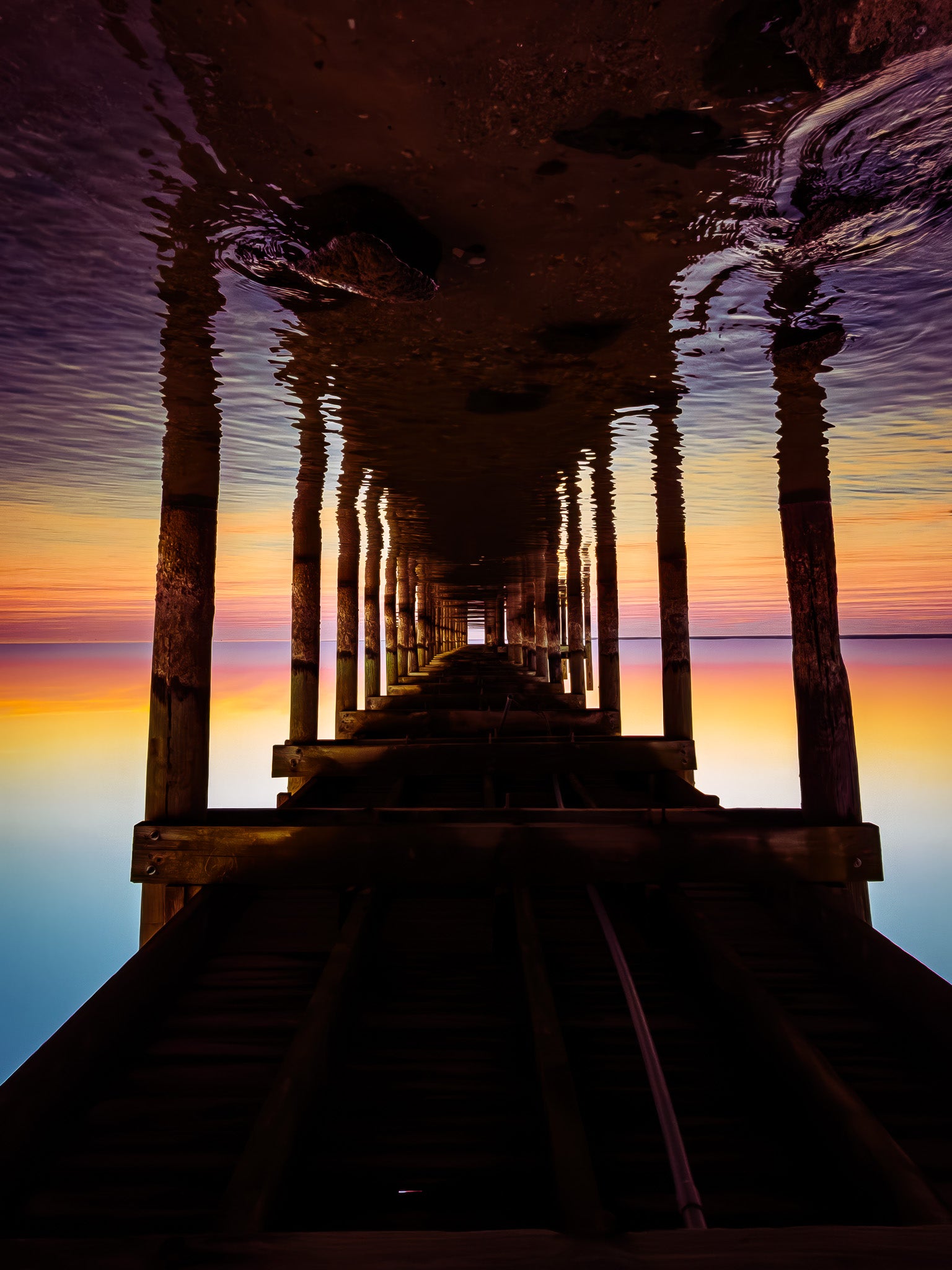 Pier structure reflected in still water with vertical posts, a dark underside, and a soft horizon in the distance.