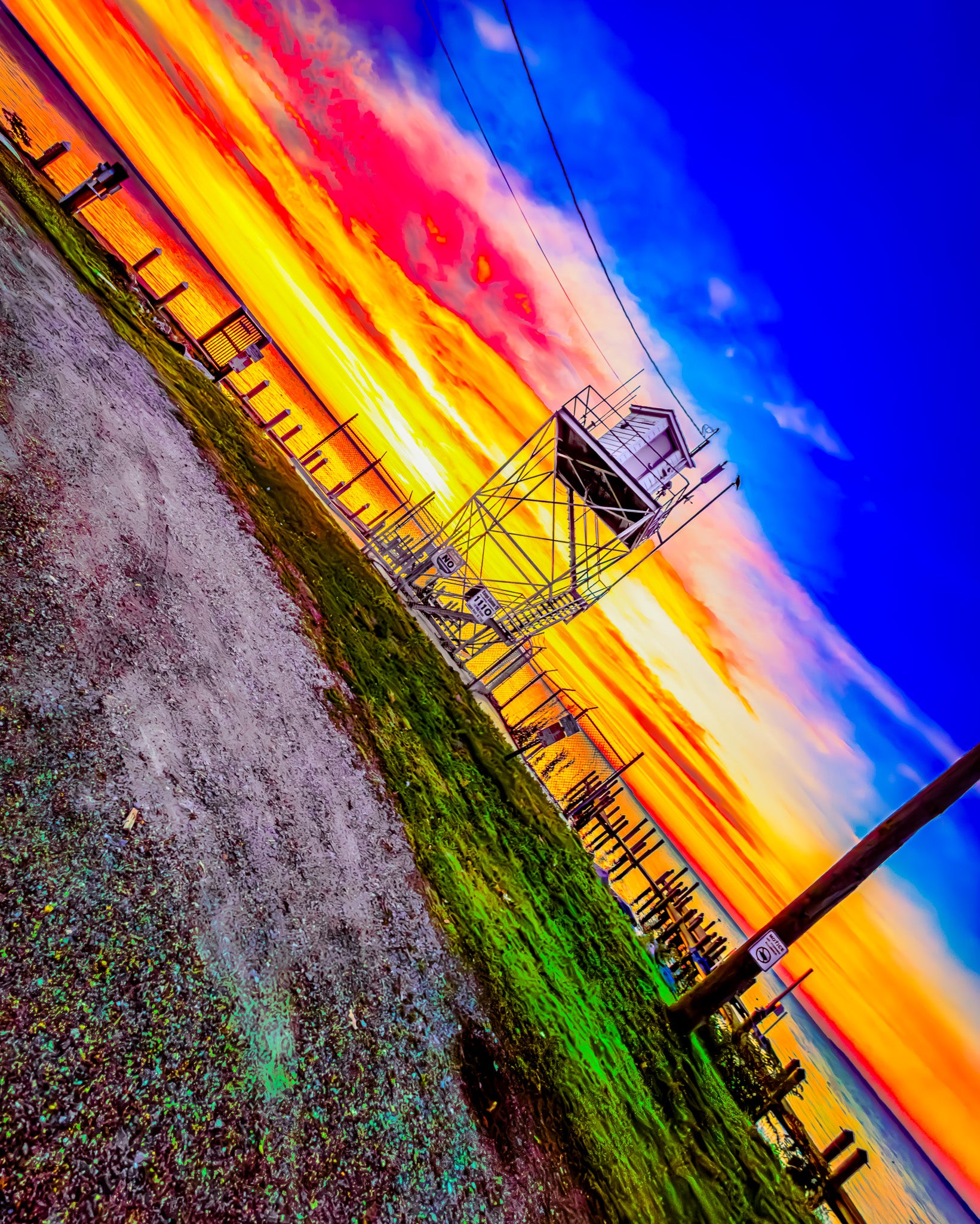 A vivid landscape photograph showing a bright sunset or sunrise with strong bands of blue, orange, yellow, and red sky over a grassy field, fence line, dirt road, and a metal watchtower structure.